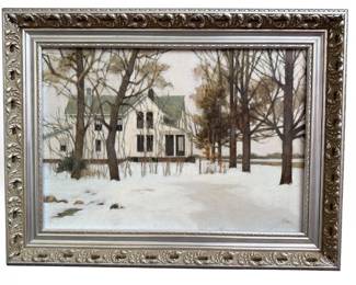 Winter Farmhouse Scene Acrylic Painting on Masonite