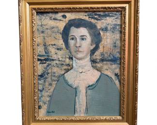 Mid Century Mixed Media Portrait Painting