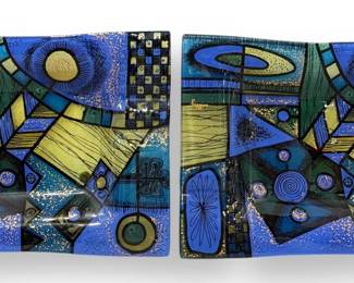 MICHAEL and FRANCES HIGGINS "Midnight" Fused Art Glass Catchalls, Pair 