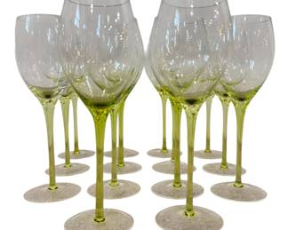 Mid Century Green Stemware Wine Glasses, 14 Pcs.