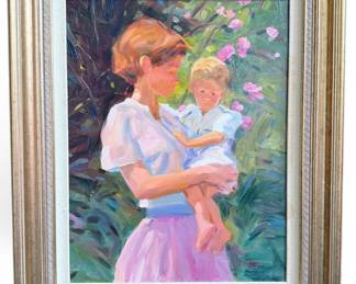 DAVID HETTINGER (American, B. 1946) Oil Painting of Mother and Son