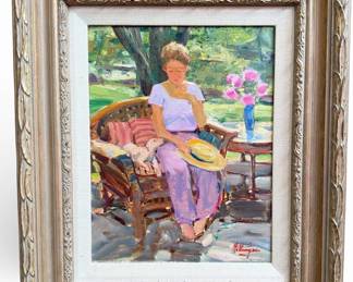 DAVID HETTINGER (American, B. 1946) Oil Painting of Woman with Dog