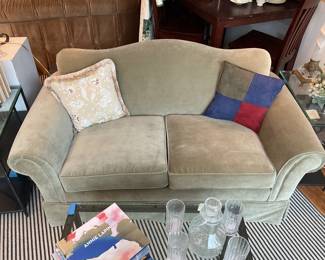 Vintage sage green velvet camelback loveseat (length: 64”” height: 32” depth: 32”) $1000 + tax