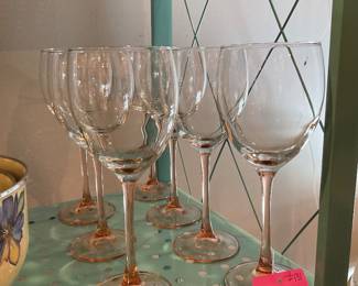 Vintage French luminaire pink stem wine glasses (set of 7) $65 + tax