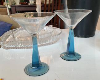 Vintage art deco style martini glasses with tapered blue square stem (set of 2) $60 + tax