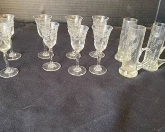 Set Of Four Vintage Stemmed Crystal Etched Cordial Liquor Glasses And Three Etched Floral Glasses 