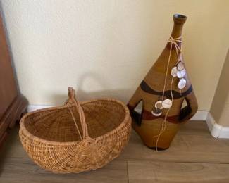 Large Solid Wood African Style Vase And A Vintage Basket