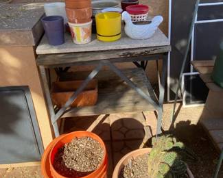 Potting Stand, Pots, Desert Soil And Cactus 