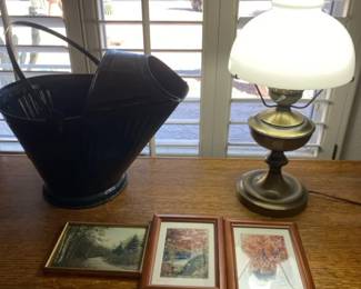 An Old Coal Bucket, A Vintage Brass Electric Hurricane Lamp And Three Small Pics