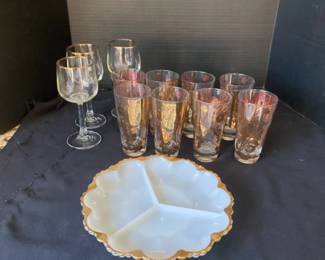 004 Vintage Retro Gold Woodland Acorn Design Drinking Glasses Gold, Gold Trimmed Vegetable Plate