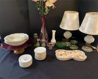 Crystal Rose Vase, Haviland Porcelain, Hobnail Milk Glass Lamps And More