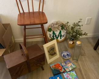 Wood Stool, Sewing Box And Decor