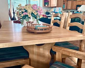 CUSTOM MADE DINING TABLE AND CHAIRS/2 LEAVES/8 CHAIRS/METAL GEARS ROLL OUT TO PLACE LEAVES IN