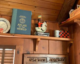 Nat. Geo. Atlas of the World, Vintage horse and rider, pewter mug, checker board