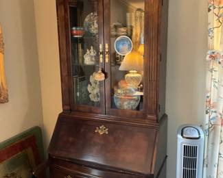 French country dark wood secretary desk, glass doors, drawers, fold down desk 