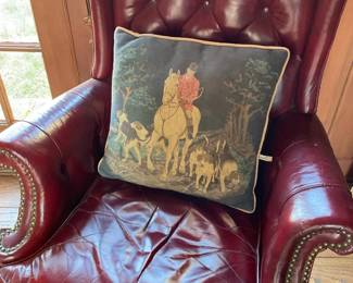 Decorative tapestry throw pillow with hunting scene
