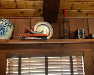 Pewter tray, antique books