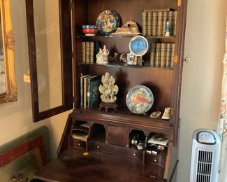 French country dark wood secretary desk, glass doors, drawers, fold down desk