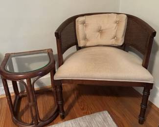 Vintage Wood  Fabric  Cane Accent Chair, Side Table 