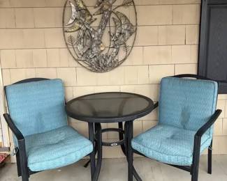Hampton Bay Metal Chairs  Side Table, Metal Wall Art