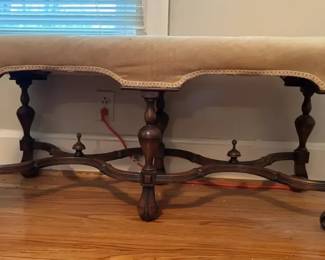 Vintage Carved Upholstered Wood Bench 