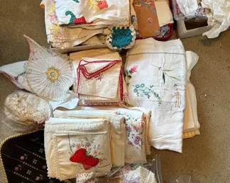 Vintage Mystery Lot Of Embroidered, Needlepoint Table Clothes, Napkins, Handkerchiefs