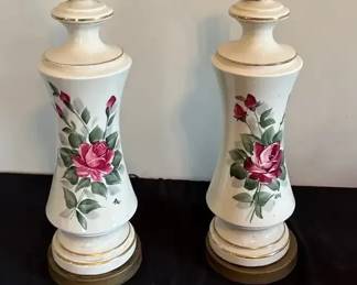 Red Roses Hand painted Lamps, Signed by Roe