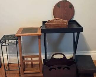 Miscellaneous Wood Tray Table, Magazine Rack, Riser and Metal Plant Stand