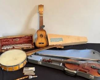 Vintage Instruments Copy Of Antonius Stradivarius Violin, Banjo, Ukulele, Flute, Harmonicas