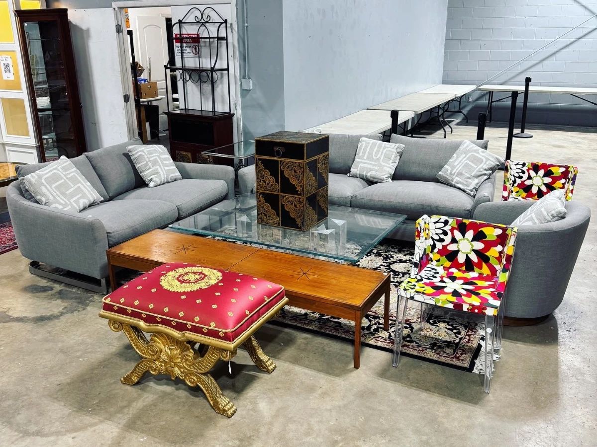 New Sofa's and Swivel Chair, Mid Century Coffee Table Gold Framed Bench and Designer Glass top Coffee Table Orlando Estate Auction