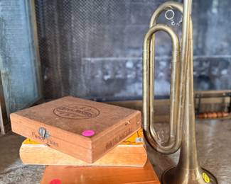 Cigar boxes and Military Issue Brass Bugle