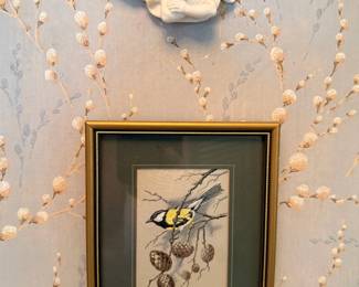 Fine needlepoint Framed bird and carved angel