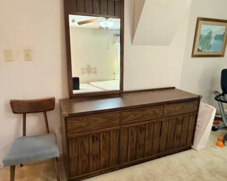 Pecan Finish 1980's Dresser and 1950's Side Chair