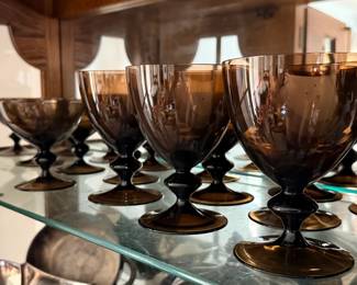 12 Count sets of Dessert, Water and Tea Glasses in Dark Brown fine 1950's crystal