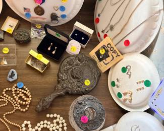 Sterling silver handheld mirror and vanity jar and misc fine and costume jewelry