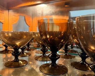 12 Count sets of Dessert, Water and Tea Glasses in Dark Brown fine 1950's crystal