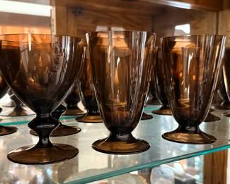 12 Count sets of Dessert, Water and Tea Glasses in Dark Brown fine 1950's crystal