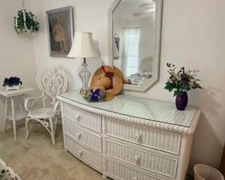 Wicker Chair, Chest of Drawers, Framed Mirror, wicker waste basket