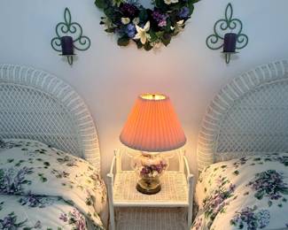 Wreath, Candle Scones, Wicker Bedside Table and Ginger Jar Lamp