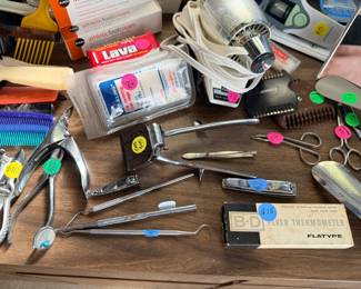 Misc. Grooming tools and clippers; vintage mercury thermometer