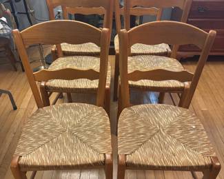 6 butcher block rush bottom chairs