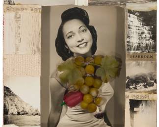 164 Lezley Saar (b. 1953) "What Are You?," 2003 Mixed media assemblage with photographs, plastic fruit, and wax on altered book Signed, titled, and dated on a label affixed verso: Lezley Saar / 2003 15" H x 11.5" W x 1.5" D Estimate: $2,000 - $3,000