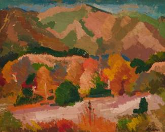 124 Anders Aldrin (1889-1970) "Autumn Study," circa 1935 Oil on board Signed lower right: Aldrin; titled and dated on a partially effaced label affixed verso: 193*; numbered "56" and "88" on additional labels affixed verso; partially titled and dated, possibly in another hand, on another label affixed to the frame's backing paper 12" H x 16" W Estimate: $800 - $1,200