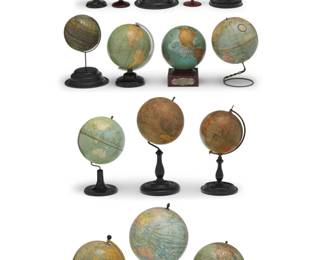 427 A collection of fifteen small globes 20th century Most variously marked for maker Each raised on metal stands 15 pieces Tallest: 15.375" H x 8.5" Dia.; Shortest: 4.375" H x 3" Dia. Estimate: $300 - $500