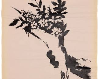 349 Banksy (b. 1974) "GDP Flower Thrower," 2019 Screenprint on thin wove paper From the edition of unknown size Unsigned; produced by the artist to be exhibited and distributed from his homewares store, called Gross Domestic Product, which he opened in the Croydon section of London, England, in 2019. Image: 23" H x 20" W (approx.); Sheet: 30" H x 22.5" W Estimate: $800 - $1,200