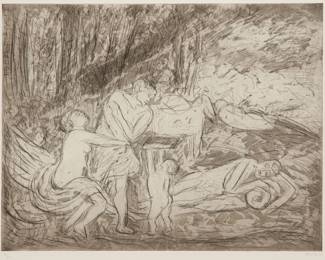 26 Leon Kossoff (1926-2019) "Cephalus and Aurora #2," from "The Poussin Project: A Suite of Prints after Nicolas Poussin," 1998 Etching and aquatint on wove paper, watermark Somerset Edition: 13/20 (there were also 10 artist's proofs) Signed, dated, and numbered in pencil in the lower margin: Kossoff 98; with an unidentified blindstamp in the lower right margin corner: SP Plate: 16.5" H x 21.75" W: Sheet: 22.375" H x 29.75" W Estimate: $2,000 - $3,000