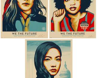 340 Shepard Fairey (b. 1970) "We The Future" triptych, 2018 The set of three screenprints in colors on speckled cream paper Edition of each: 340/450 Each signed, dated, and numbered in pencil in the lower margin corners: Shepard Fairey 18; the male image additionally signed in pencil in the lower margin by Aaron Huey; Obey Giant, Los Angeles, CA, pub., with the logo printed within the lower section of each image Image of each: 23" H x 16.75" W; Sheet of each: 24" H x 18" W Estimate: $800 - $1,200