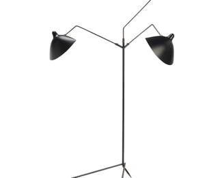 99 Serge Mouille (1922-1988) A three light floor lamp, 2011 Dated to shade interiors and numbered: ESM / 695 The enameled steel standard issuing three rotating arms terminating in an articulated enameled aluminum 'chapeau' shade, raised on a tripod base with tapered legs, electrified 84.5" H x 55" Dia., dimensions variable Estimate: $1,500 - $2,000