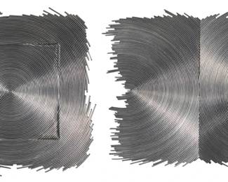 91 Aijiro Wakita (b. 1942) Two works:  "Embossed Square," from the "Sixteen Spiral Series," 1973 Lead and tin wire on wood Signed on the backing board; titled and dated on a label on the frame's backing board: Aijiro Wakita 9" H x 9" W (irreg.)  "Opposed Semi Circles," from the "Sixteen Spiral Series," 1973 Lead and tin wire on wood Signed on the backing board, titled and dated on a label on the frame's backing board: Aijiro Wakita 9" H x 11" W (irreg.)  2 pieces Estimate: $700 - $1,000