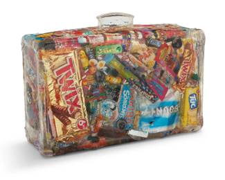 332 Alben (b. 1973) Suitcase with candy Resin and found objects Printed with artist's cipher: ALBEN 23" H x 17.5" W x 8" D Estimate: $1,000 - $1,500